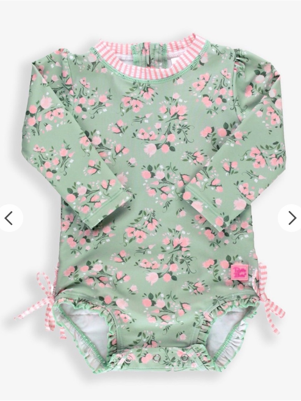 Ruffle Butts Pink Floral One-Piece Swimsuit on Sage Green